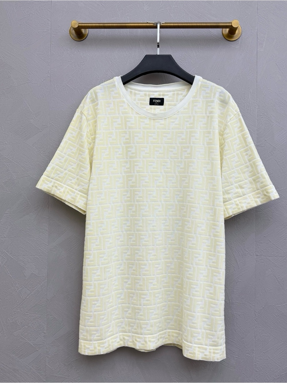 Fendi Short Sleeve Logo Jacquard T-Shirt in Pale Yellow